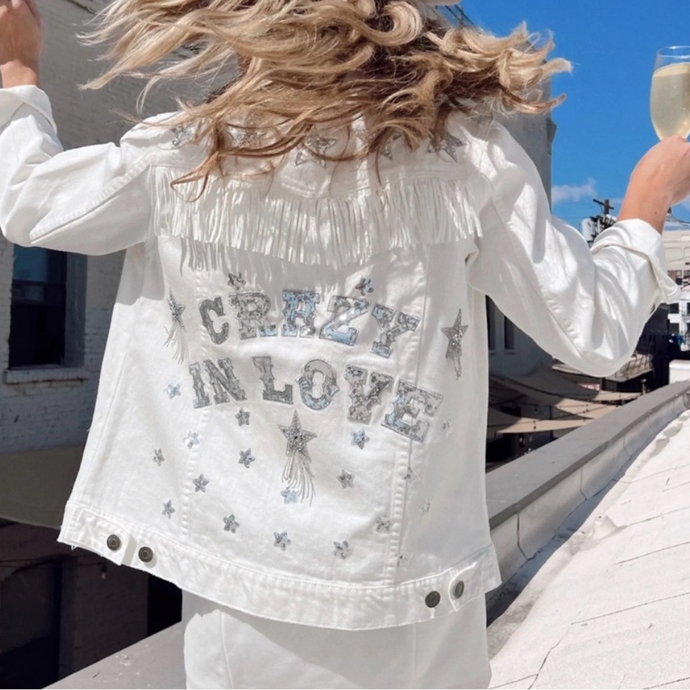 Show Me Your MuMu White Fringe Star Jean Jacket